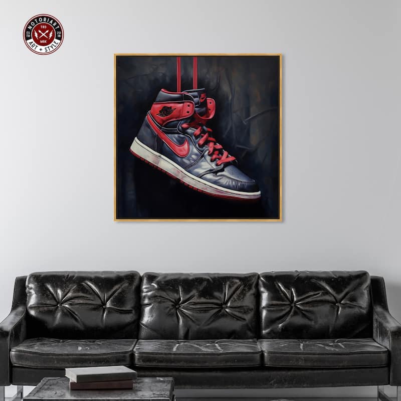 Notoriart Black And Red Hanging Sneaker Framed Sneaker 1 Piece Canvas Wall Art