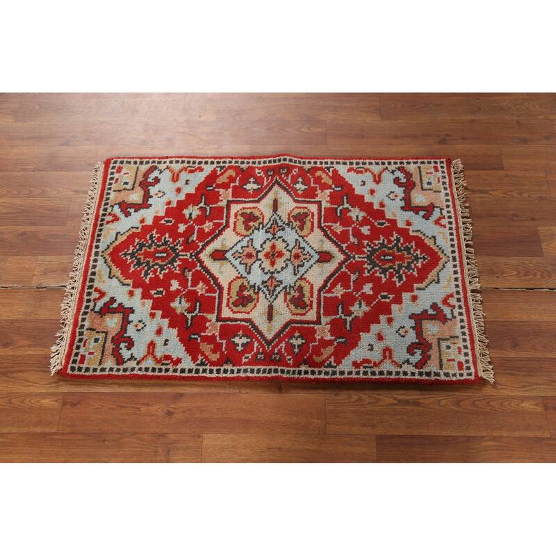 Geometric Red Kazak Indian Accent Rug Hand-Knotted Wool Carpet - 2'0"x 3'0"