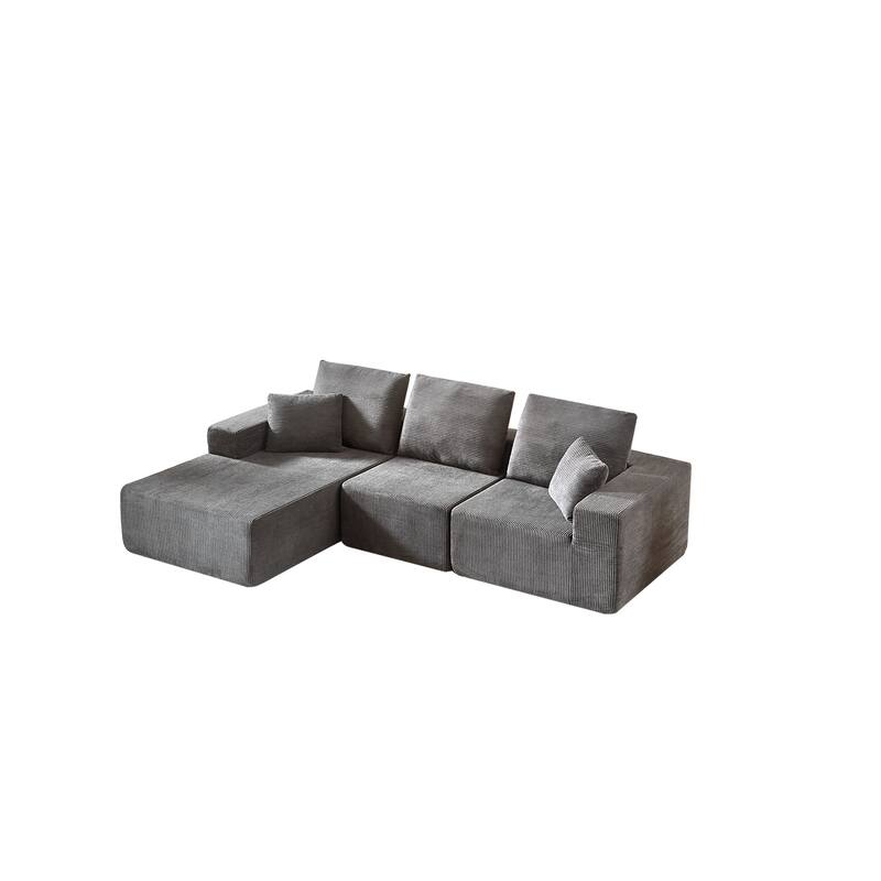 Modular Sectional Sofa with L Shape Chaise Lounge, Corduroy Upholstered 3 Seater Sofa, Deep Seat Cloud Sofa with Pillows