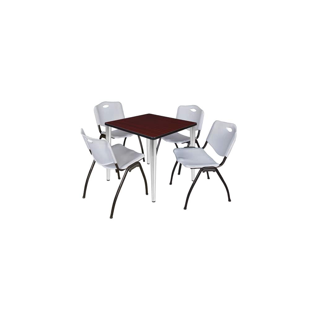 30 in. Square Breakroom Table- Mahogany Top, Chrome Base & 4 M Stack Chairs- Grey