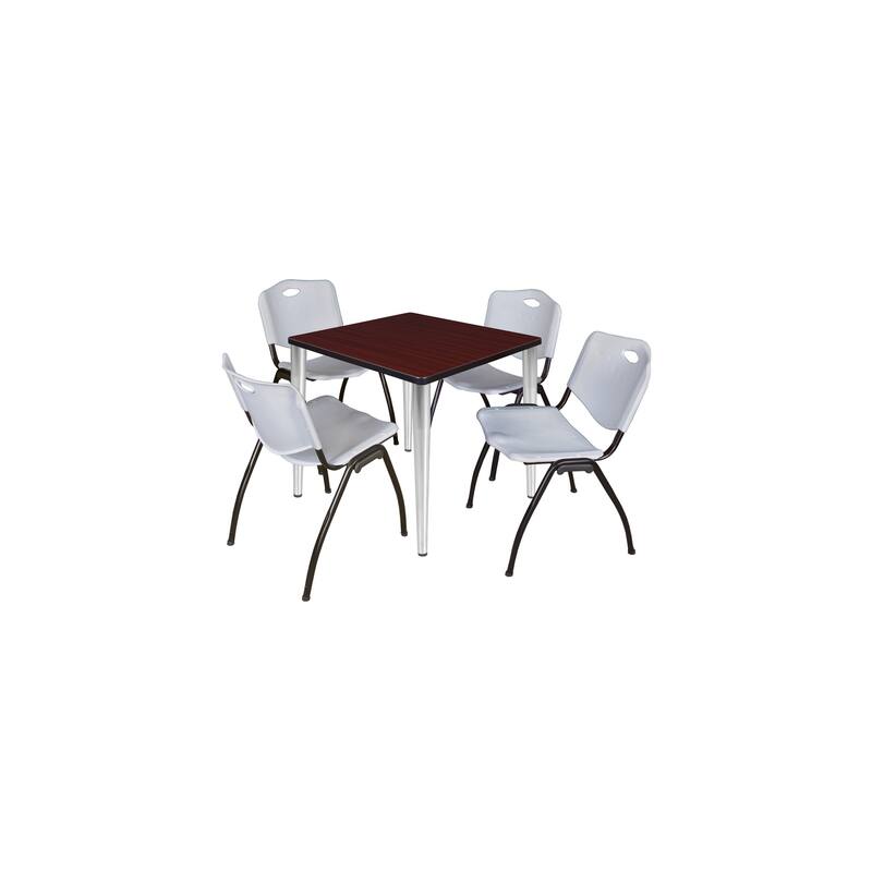 30 in. Square Breakroom Table- Mahogany Top, Chrome Base & 4 M Stack Chairs- Grey