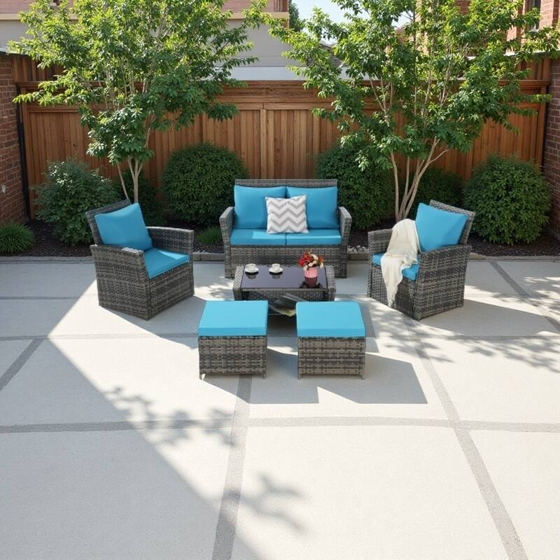 6-Piece Outdoor Wicker Conversation Set with Ottomans and Glass Coffee Table, Cushioned Seating