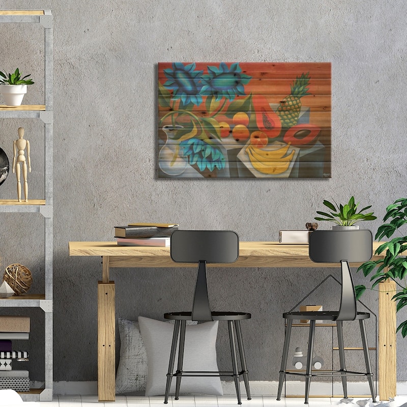 Fruits With Blue Flower Print On Wood by Dixie Miguez - Multi-Color