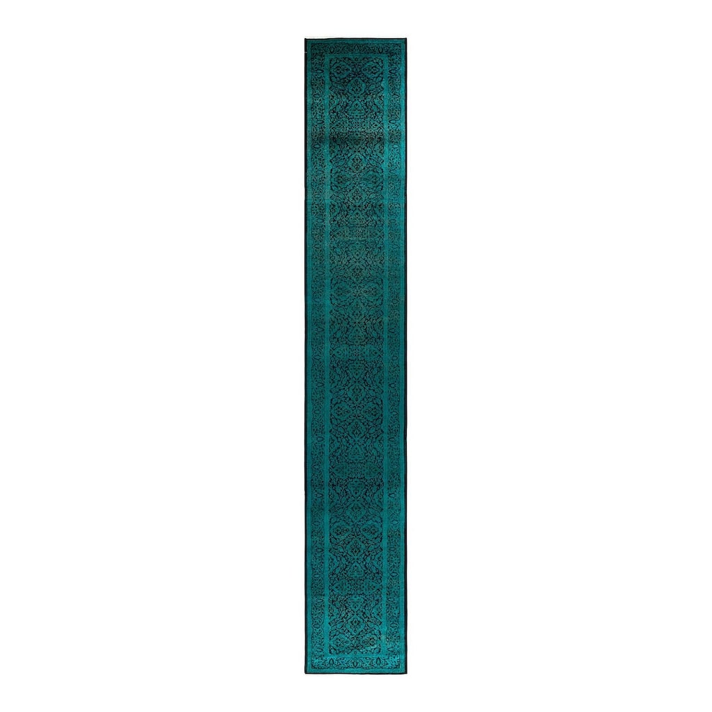 Overton Hand Knotted Wool Vintage Inspired Modern Contemporary Overdyed Green Runner Rug - 2' 7" x 17' 0"