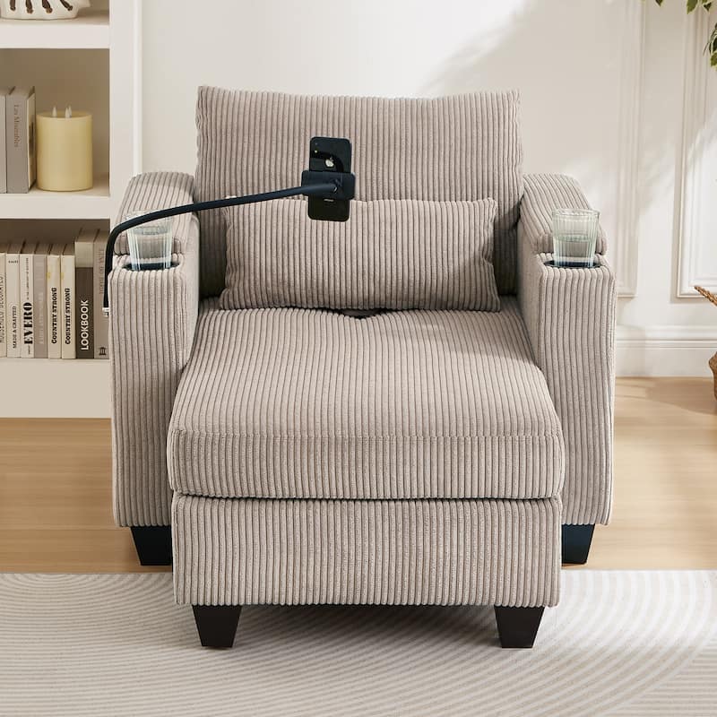 Convertible Chaise Lounge 37.4" Sofa Chair Sofa Bed Corduroy Sleeper Sofa with USB Ports, Two Cup Holders