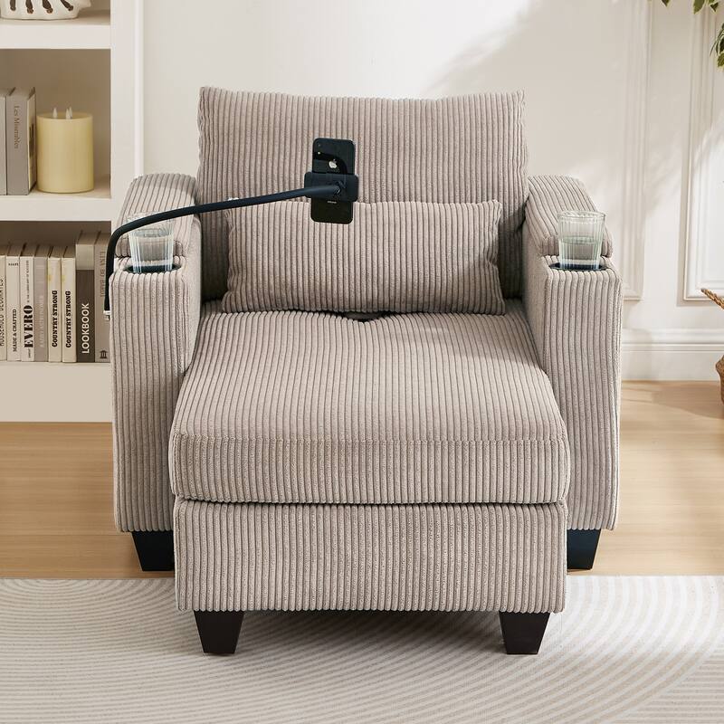 Corduroy Convertible Chaise Lounge with USB, Cup Holders & Storage
