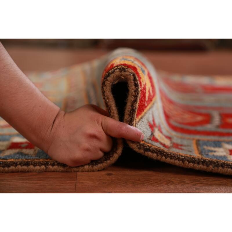 Hand Knotted Oriental 100% Wool Carpet Traditional Tribal Greys & Charcoal Heriz (serapi) Runner Rug - 9' 11'' X 4' 1''