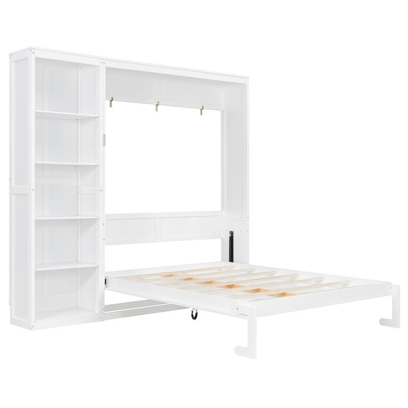 Roomfitters Queen Wall Murphy Bed with Adjustable Shelves Storage Cabinet Wood Frame