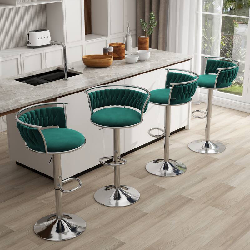 4 Set Modern Velvet Adjustable Swivel Bar Stools with Metal Frame