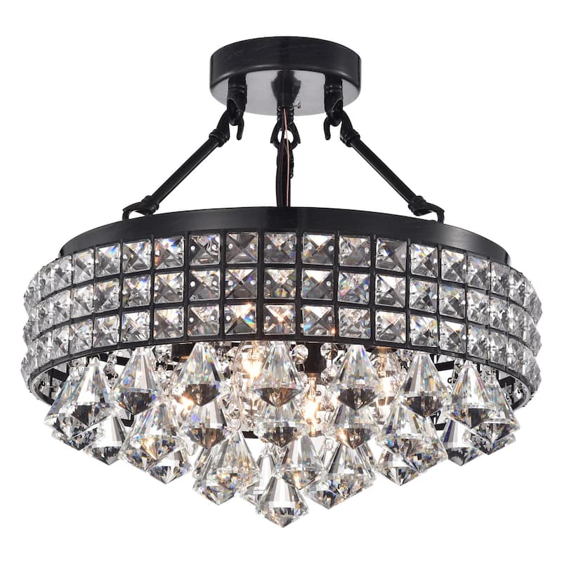 Black 4-Light Beaded Crystal Round Drum Semi Flush Mount