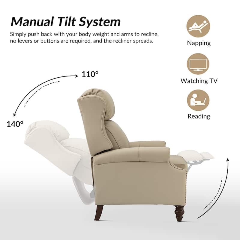 Noemon Genuine Leather Recliner with Nailhead Trims