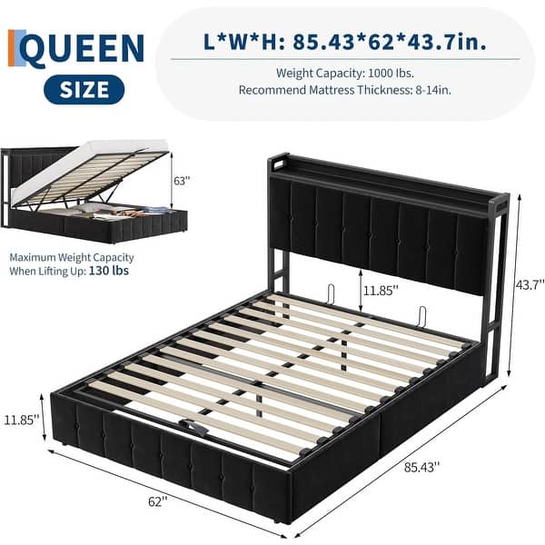 dimension image slide 5 of 12, Bed Frame with Lift Up Storage, Upholstered Velvet Platform Bed with Storage Headboard