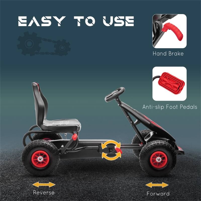 Kids Pedal Go-Kart with Adjustable Ergonomic Seat and Handbrake Shock Absorbers for 5-12 Years Old - 47.75" L x 22.75" W x 24" H