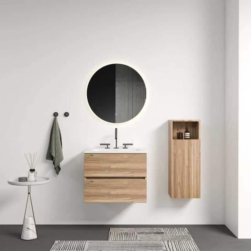 24" Wall-Mounted Bathroom Vanity with Integrated Ceramic Sink & Overflow, Large Storage Floating Vanity - Oak