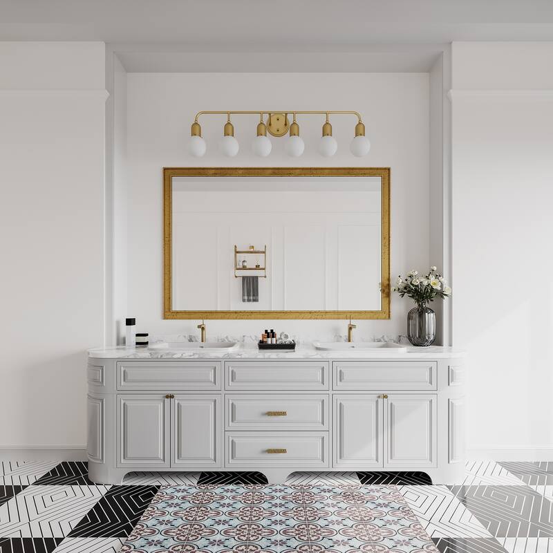 Mid-century Modern 6-light Brass Bathroom Vanity Light with Frosted Glass Globe - 44 inches
