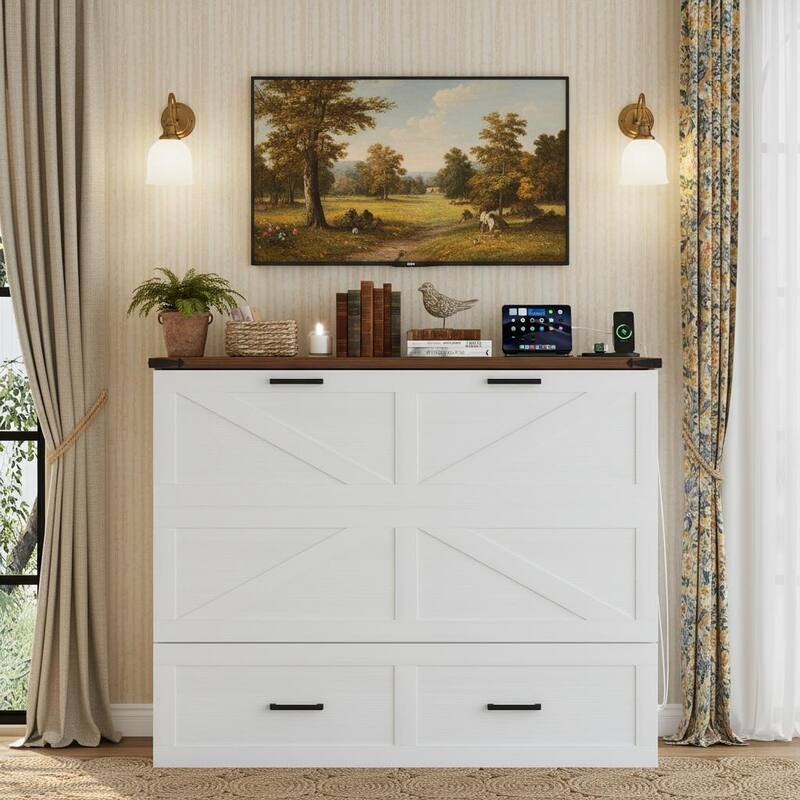 Rustic Fold-Out Murphy Cabinet Bed with Charging Ports & Deep Storage Drawer by Harper&Bright Designs