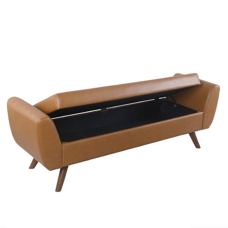 Rae Storage Bench Ottoman with Arms, Brown Faux Leather, Wood, 60 Inch