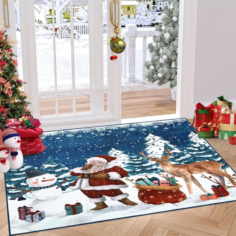 Soft Non-Slip Washable Christmas Santa Claus Area Rugs, Xmas Holiday, Blue