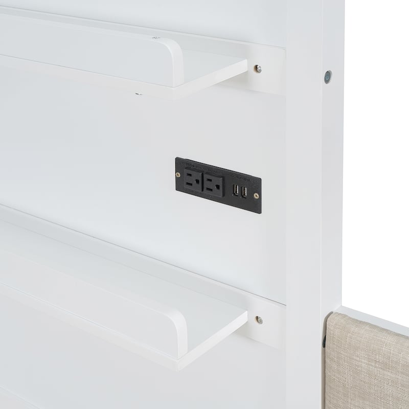 Twin Size House Bed with Upholstered Sofa, Charging Station, Wireless Charging, Shelves, and Drawers