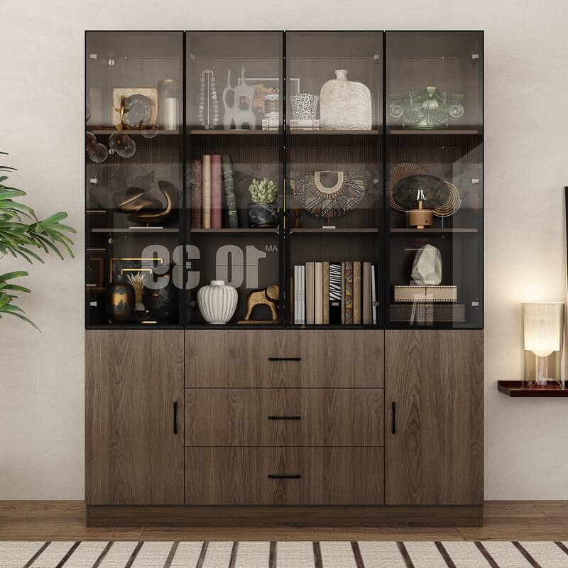 LED-Lit Wood Grain Cabinet - Configurable Storage for Home or Office