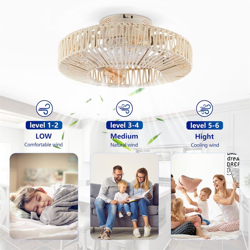 20" Rope Caged Ceiling Fans with Remote and Low Profile Chandelier 6 Speed, NOT Included Bulbs