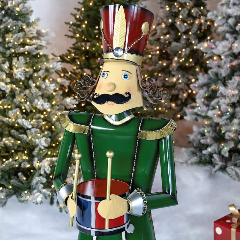 Iron Christmas Green Nutcracker "Leo" Holding Drum - 19"x15"x60"