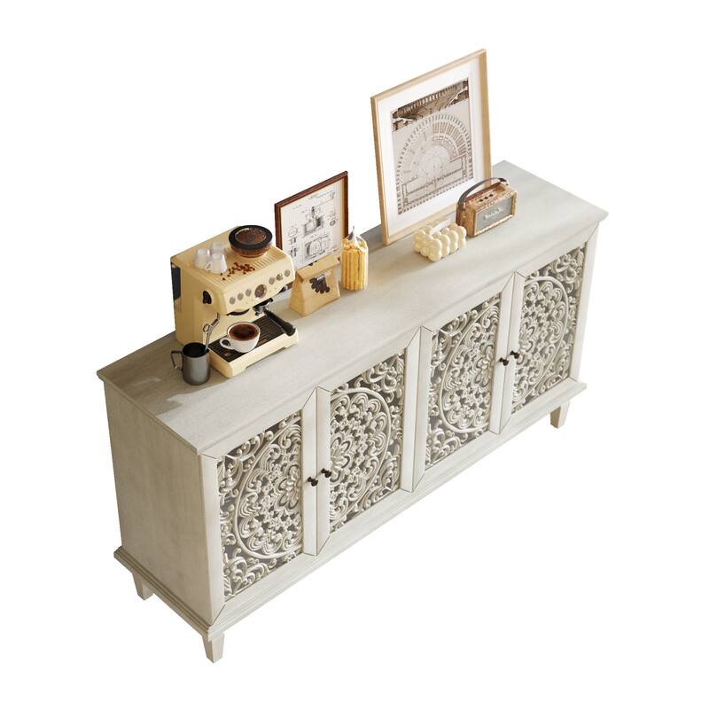 TV Stand Sideboard, Buffet Cabinet with Floral Carvings, Wood Storage Cabinet with Adjustable Shelves