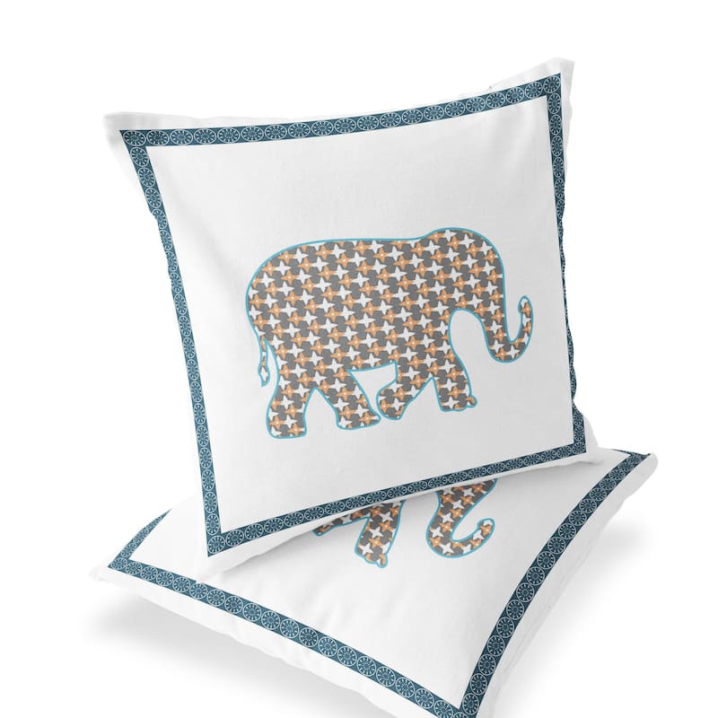 HomeRoots Set of Two 16" X 16" Gold and White Elephant Blown Seam Animal Print Indoor Outdoor Throw Pillow