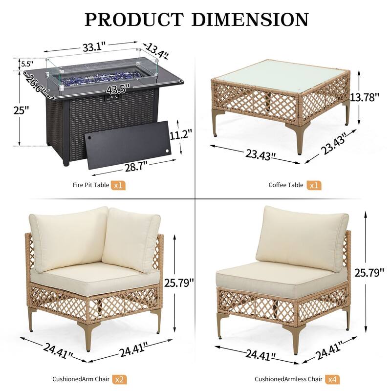 8 PCS Wicker Patio Conversation Set With Fire Table