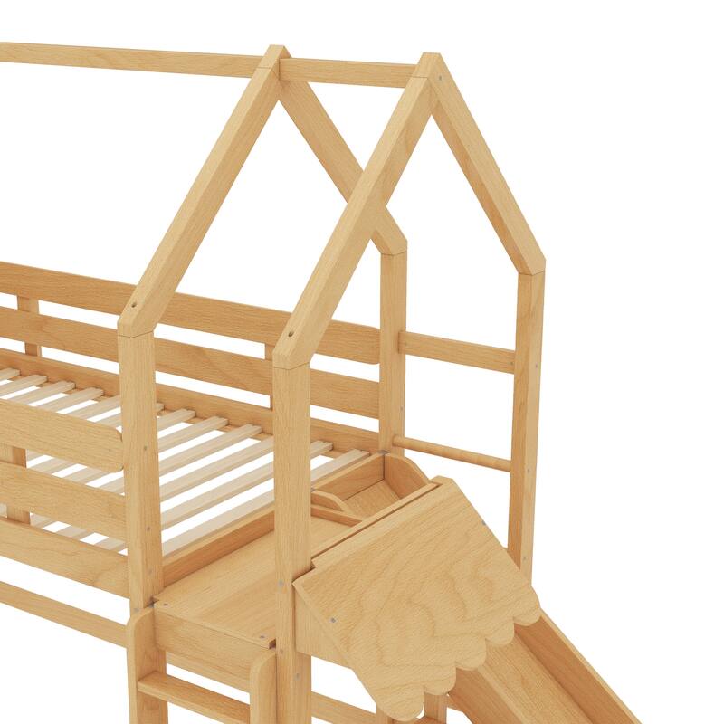Playful House Bed Starry Moon Cottage Twin Size Loft Bed with Built-in Bookshelves, Reversible Slide and Front & Side Ladders