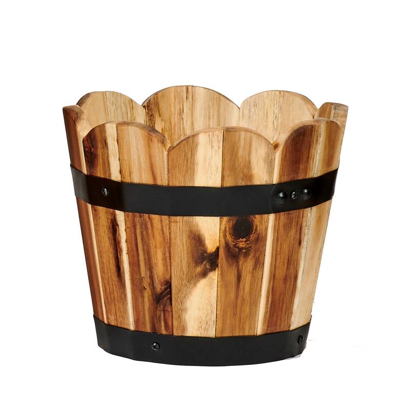 8" Scallopped Acacia Wood Barrel Planter - 8