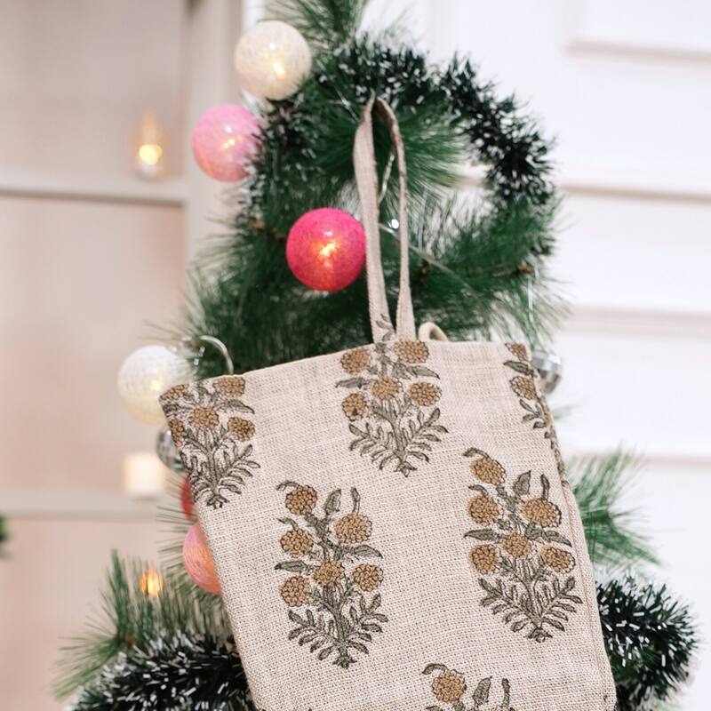 Fabdivine 16x6.5 Inches Hand Floral Block Print Christmas Stockings Tassle and Loop Perfect for Gift - 16"X6.5" - Hjara- Brown, Grey - Christmas Stockings