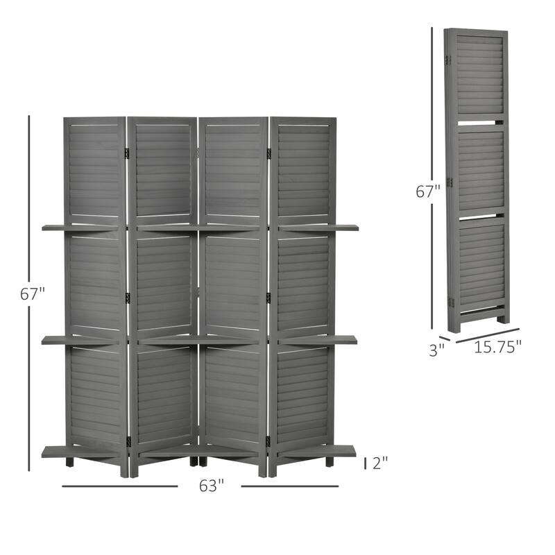 HOMCOM Blinds Style 4-Panel Wood Room Divider, 67'' Tall Folding Privacy Screen Panels Gray - 8' x 10'