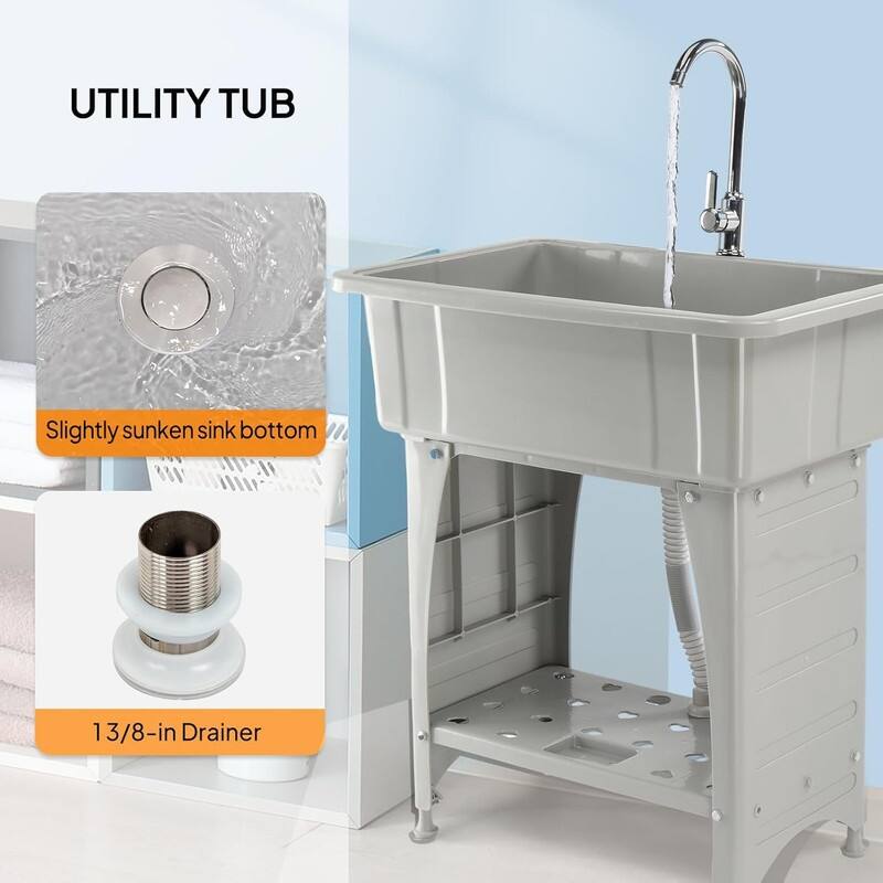 Utility Washing Room Sink Laundry Tub with Faucet & Shelf & Drainboard Black - 22.4"D x 32.3"W x 29.9"H