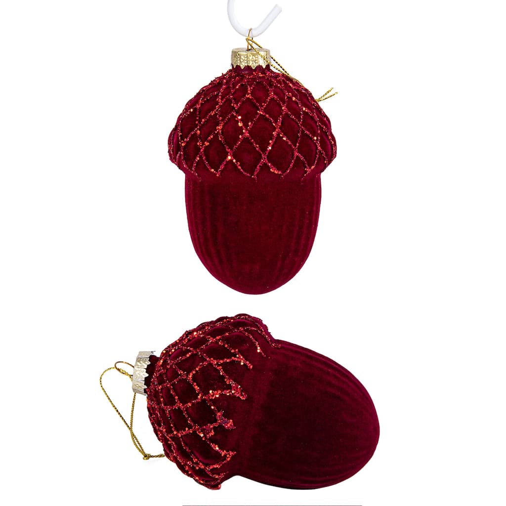 Red Velvet Acorn Glass Christmas Tree Ornament Set of 2 - 2.9 х 4.25"