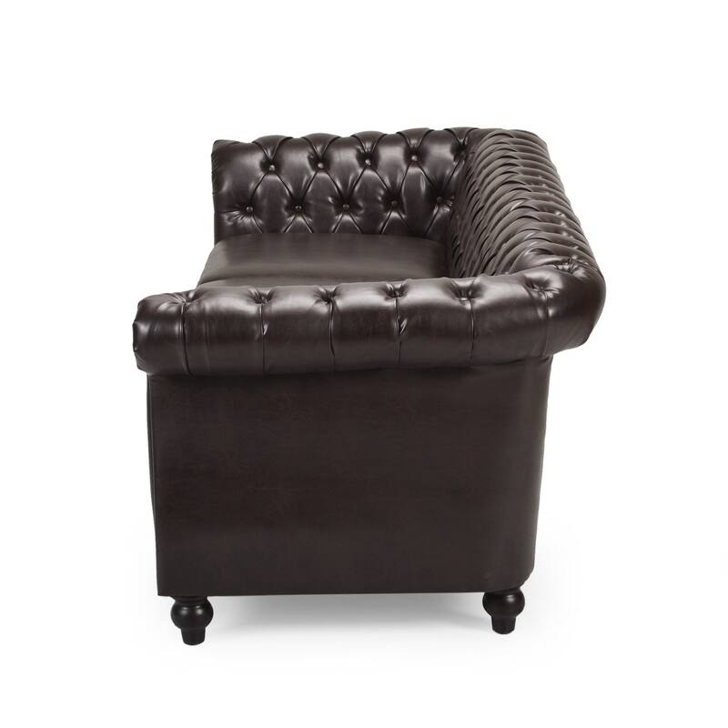 84.75" PU 3-Seater Sofa, Button Tufted, Nailhead Trim and Scrolled Arms