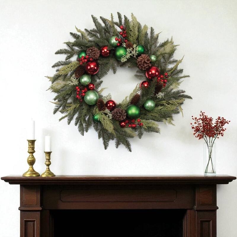 HomeRoots 29" Green Red And Brown Artificial Pine Pinecone And Ornaments Christmas Wreath - Green/Brown/Red - 29.00 in. x 29.00 in.  x 6.00 in.