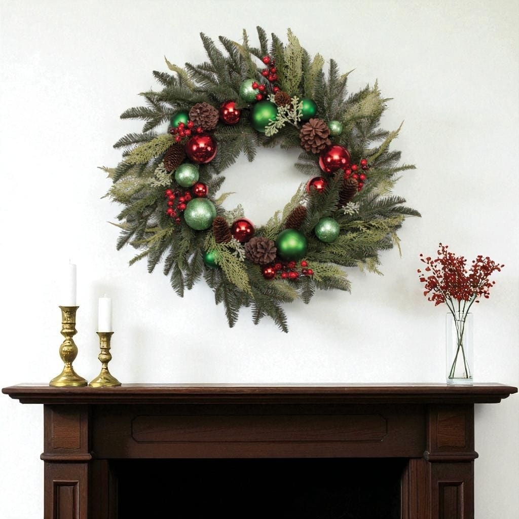 HomeRoots 29" Green Red And Brown Artificial Pine Pinecone And Ornaments Christmas Wreath