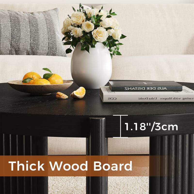 JASIWAY Black Wood Round Coffee Table with Fluted Legs