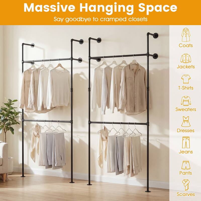 Gymax Industrial Pipe Clothing Rack Wall Mounted Heavy-Duty Metal