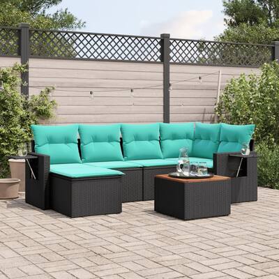 vidaXL 7 Piece Patio Sofa Set with Cushions Black Poly Rattan - 24.4 x 24.4 x 27.2