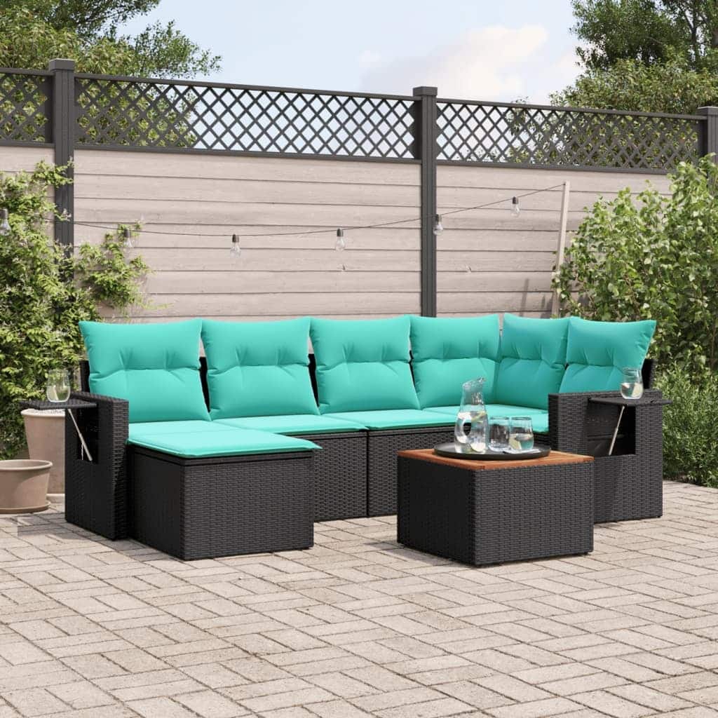 vidaXL 7 Piece Patio Sofa Set with Cushions Black Poly Rattan - 24.4 x 24.4 x 27.2