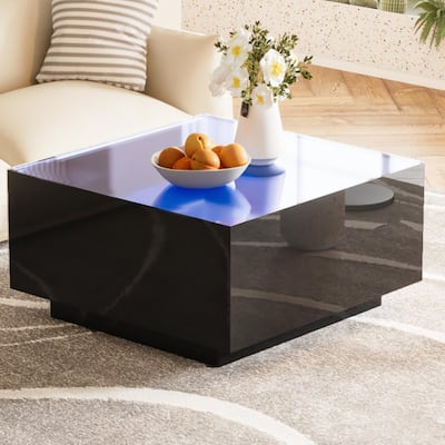 27.5" High Glossy Square Coffee Table with LED Lights, Modern Center Table with Frosted Tempered Glass Top for Living Room