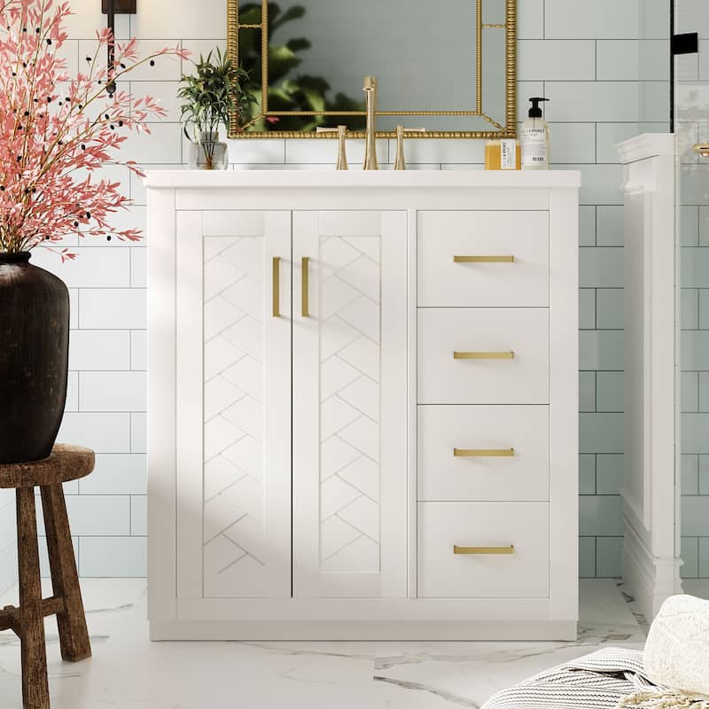 30''Bathroom Vanity With Ceramic Sink Combo,Solid Wood Frame Storage Cabinet,Set With 3 Drawers& Soft Closing Doors