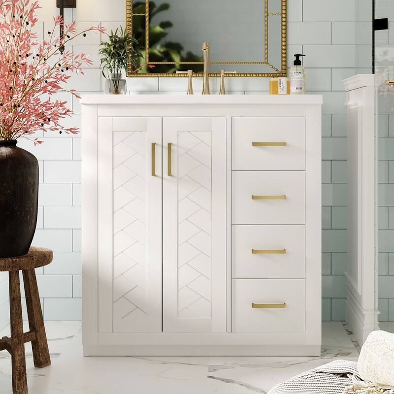 Bathroom Vanity with Ceramic Sink, Vanity Set with 3 Drawers and Doors, Bathroom Storage Cabinet with Solid Wood Frame