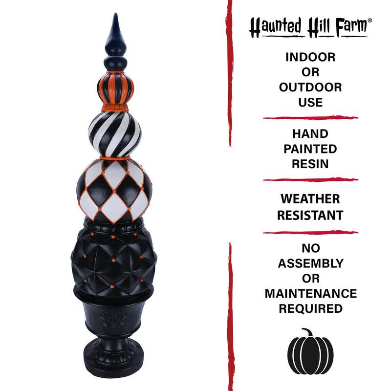 Haunted Hill Farm 4-Ft. Resin Ball and Finial Topiary in a Black Pedestal Urn - Indoor or Outdoor Halloween Decoration