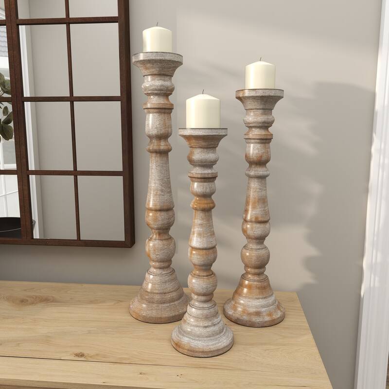 Brown Mango Wood Handmade Candle Holder with Turned Style (Set of 3)