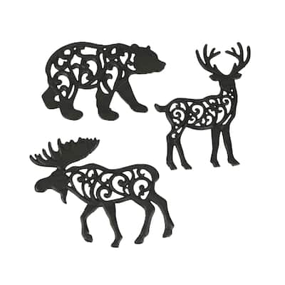 Zeckos Cast Iron Deer Moose And Bear Kitchen Trivets (Set Of 3) - 0.5 X 9 X 6 inches