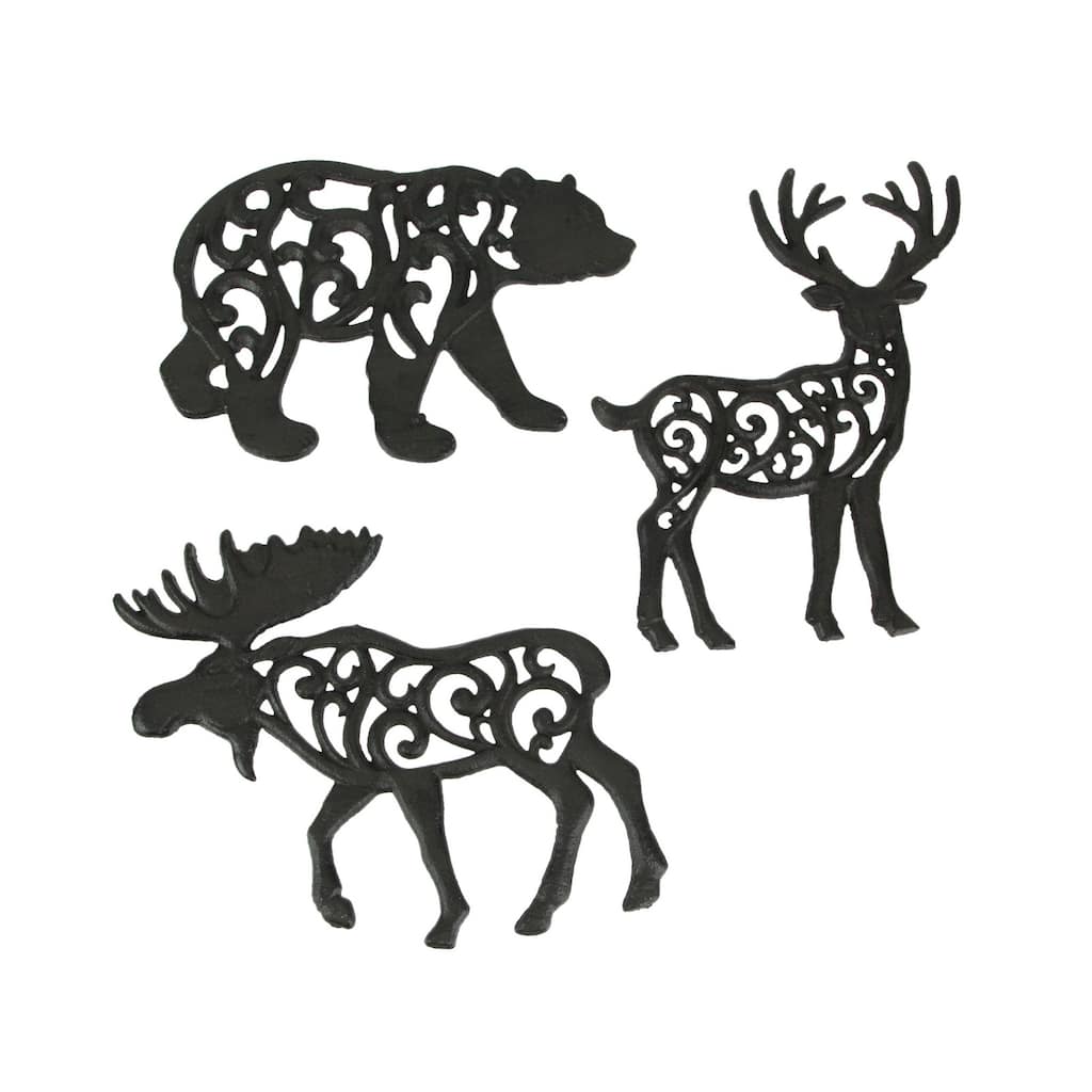 Zeckos Cast Iron Deer Moose And Bear Kitchen Trivets (Set Of 3) - 0.5 X 9 X 6 inches