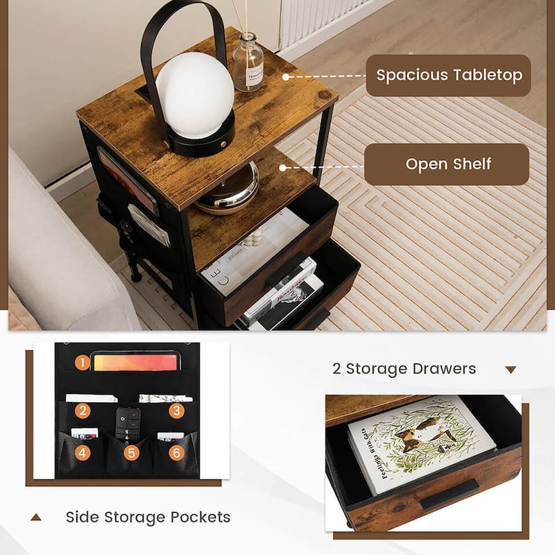 Gymax 2PCS Nightstand with Charging Station Industrial Bedside Table